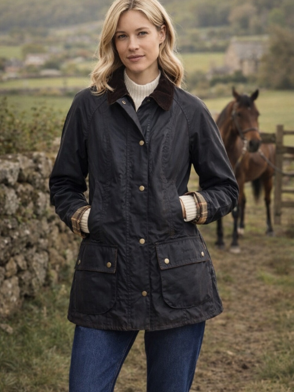 Barbour Beadnell Wax Jacket Black Tartan Lined Corduroy Collar Women’s US 12